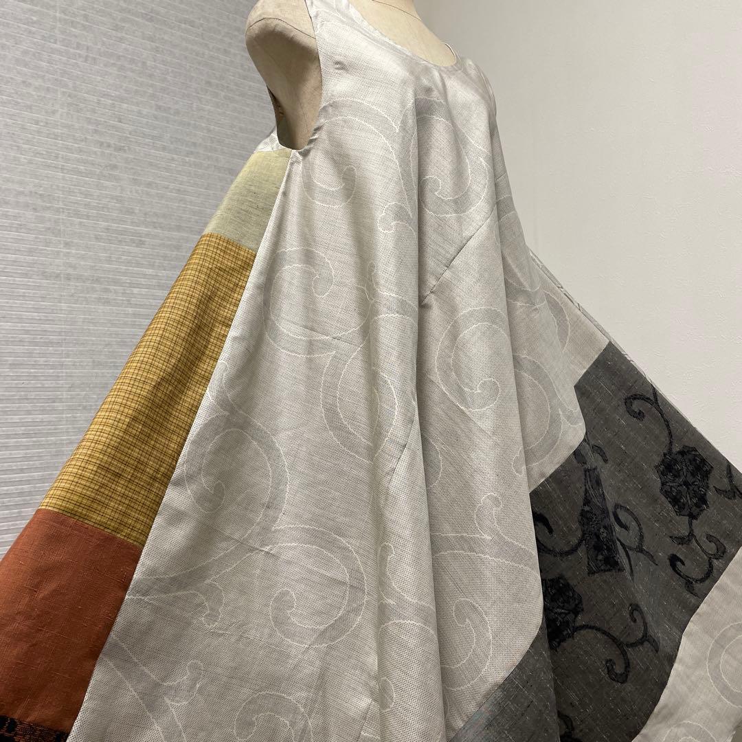 着物ワンピーステントラインロング丈【222】白大島紬や上代結城紬等M〜L