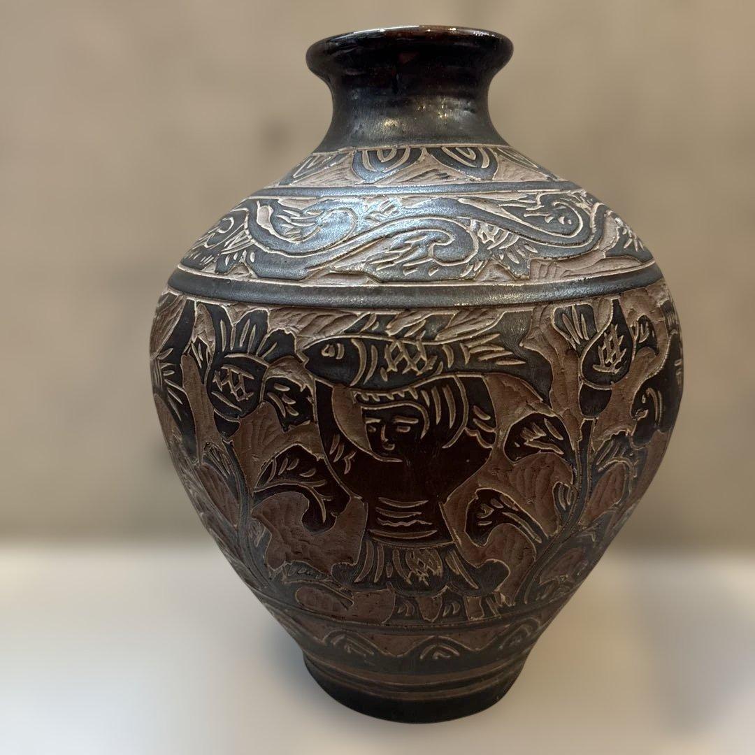 壺屋焼.島袋常明.エジプト紋.掻き落とし.大壺.やちむん.銘あり