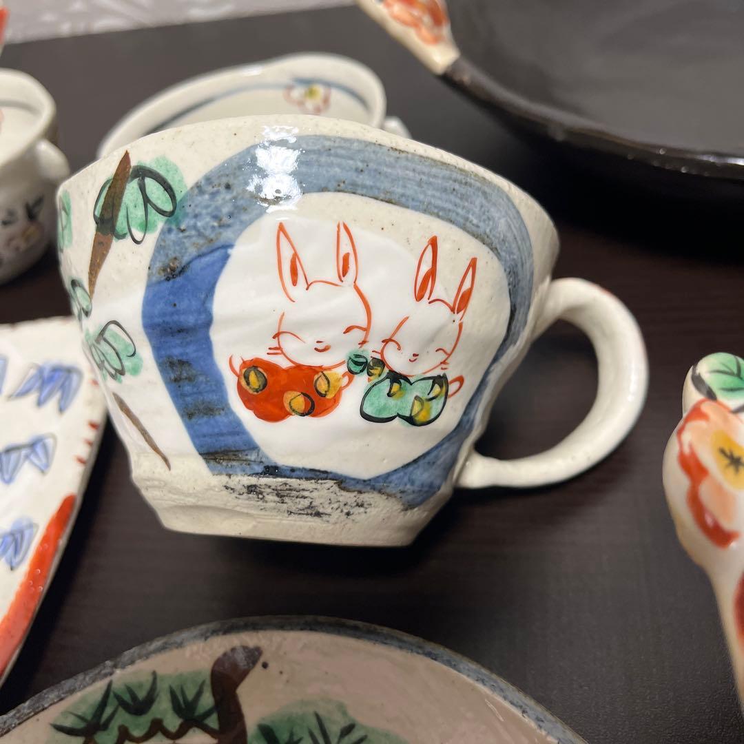 手作り工房　夕立窯　 お散歩うさぎ　幸せうさぎ　食器11点セット　陶器製