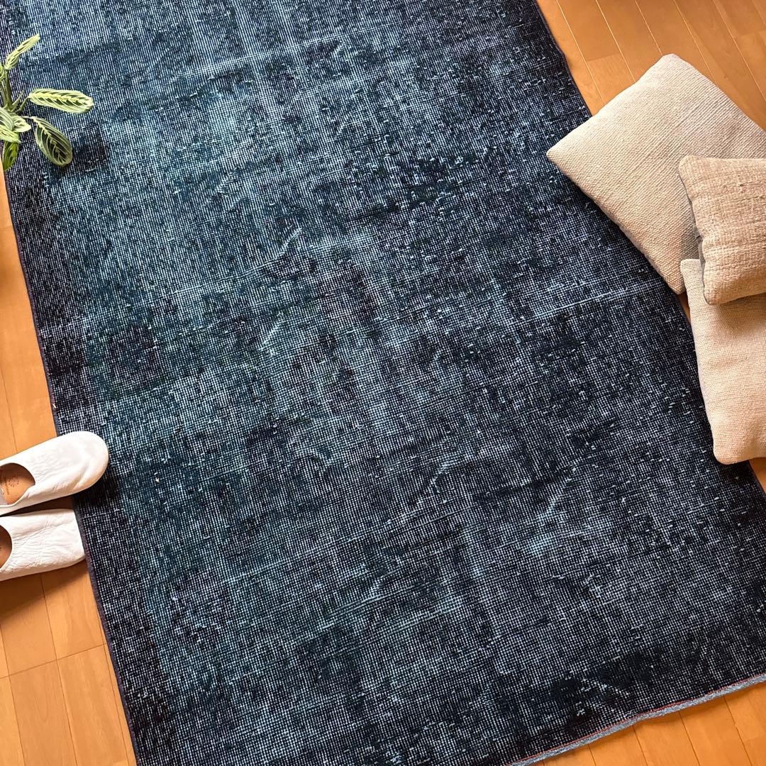 貴重110×198 デニムブルー藍色オーバーダイ　トルコヴィンテージラグ