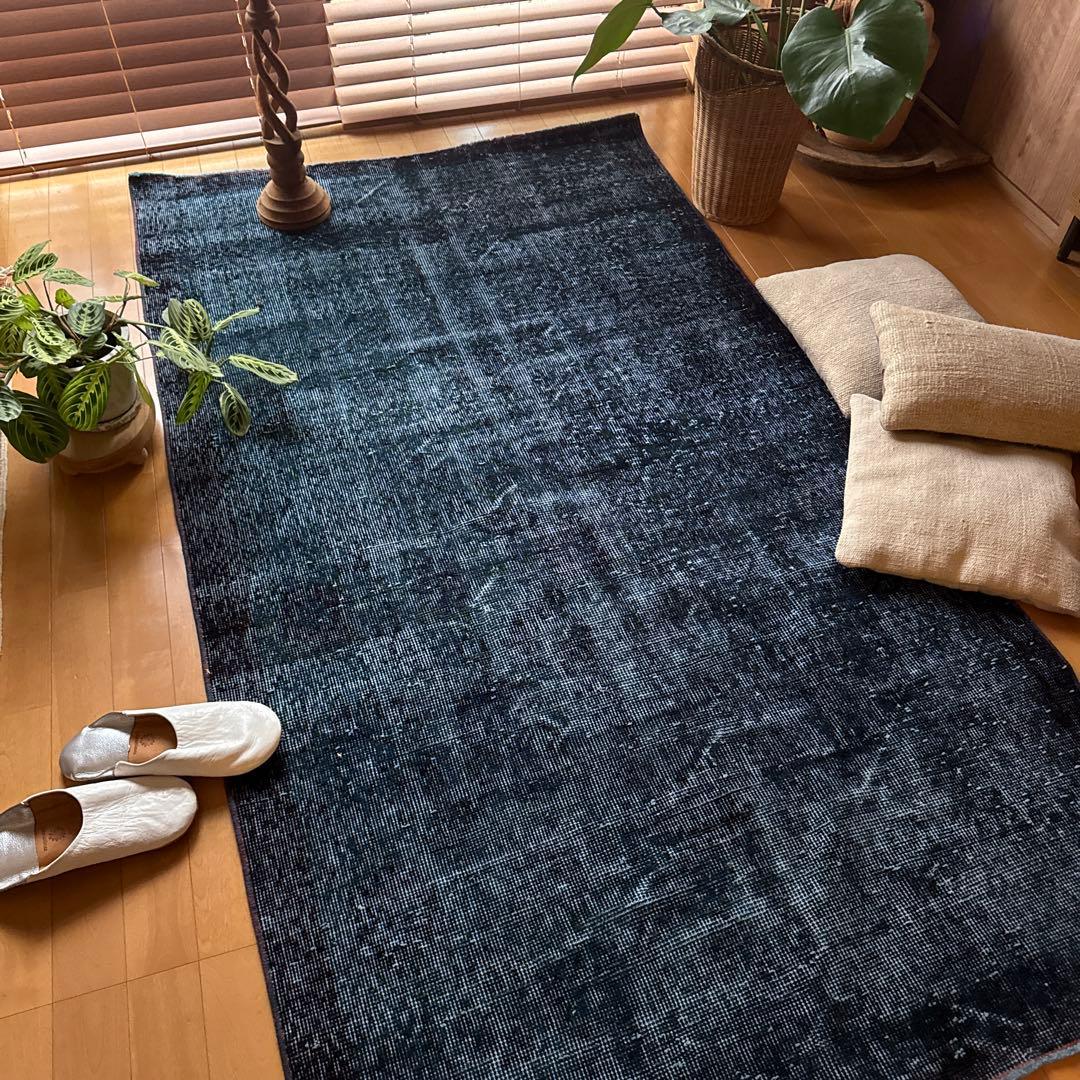 貴重110×198 デニムブルー藍色オーバーダイ　トルコヴィンテージラグ