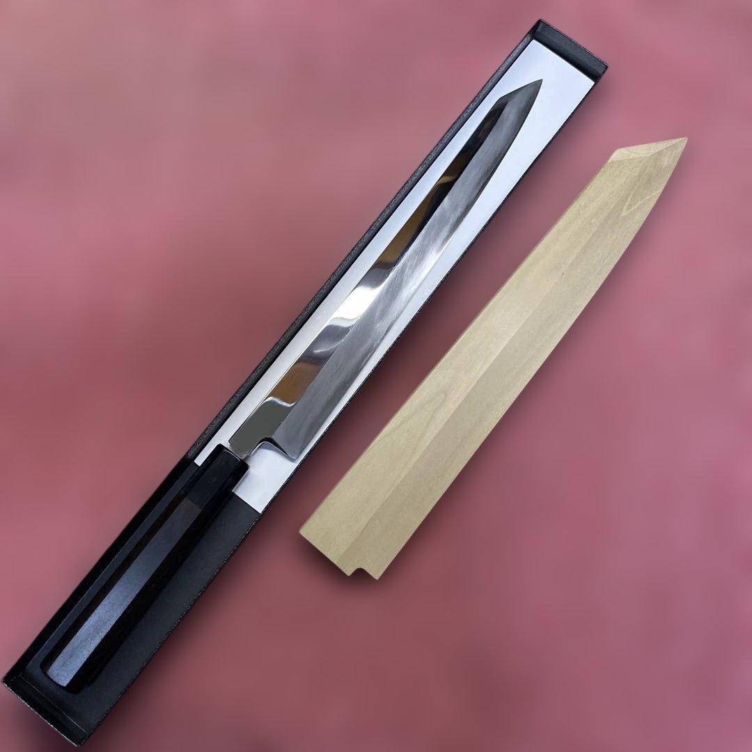 銀三　勘所切付柳刃包丁　300㎜ 尺0寸鞘付き