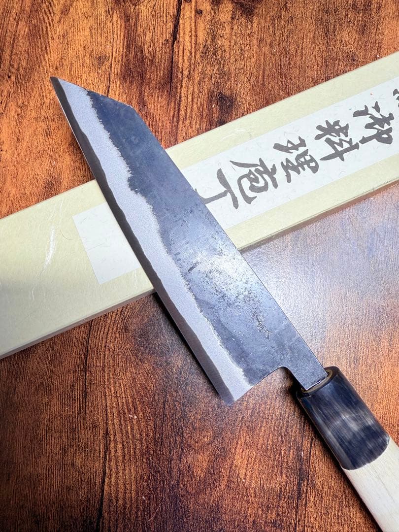 堺白鶴作　文化　包丁　黒打 青鋼　6寸　水牛角柄