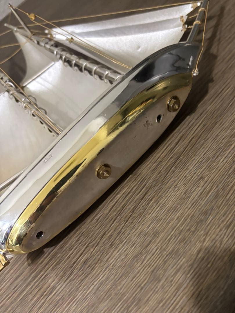純銀刻印　帆船置物　船長さ21cm 大きめ　ガラスケース付き　レトロ