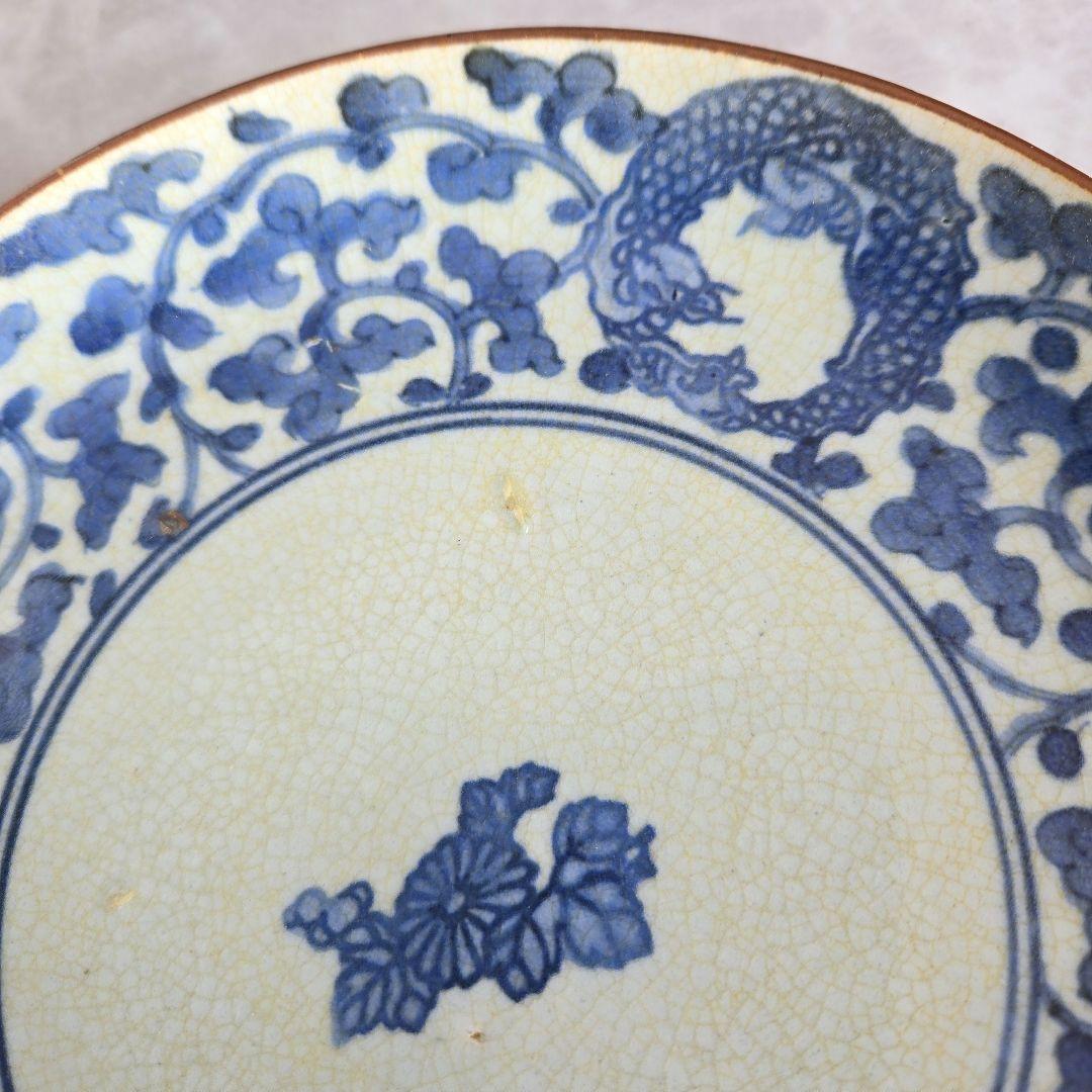 古伊万里　染付　七寸皿　江戸時代　蛸唐草　コンニャク印判　龍　骨董　金継ぎ