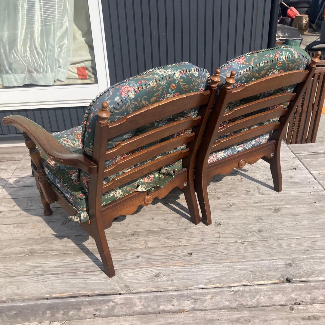 ヴィンテージ 飛騨産業 キツツキ 木製フレーム 花柄2人掛けソファー セパレート