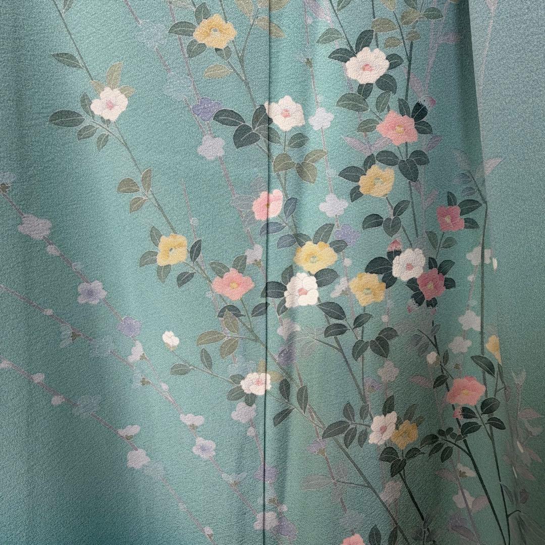 超美品　正絹　訪問着　着物　160　水色　作家物　峰山和生　手書き友禅　紋無し