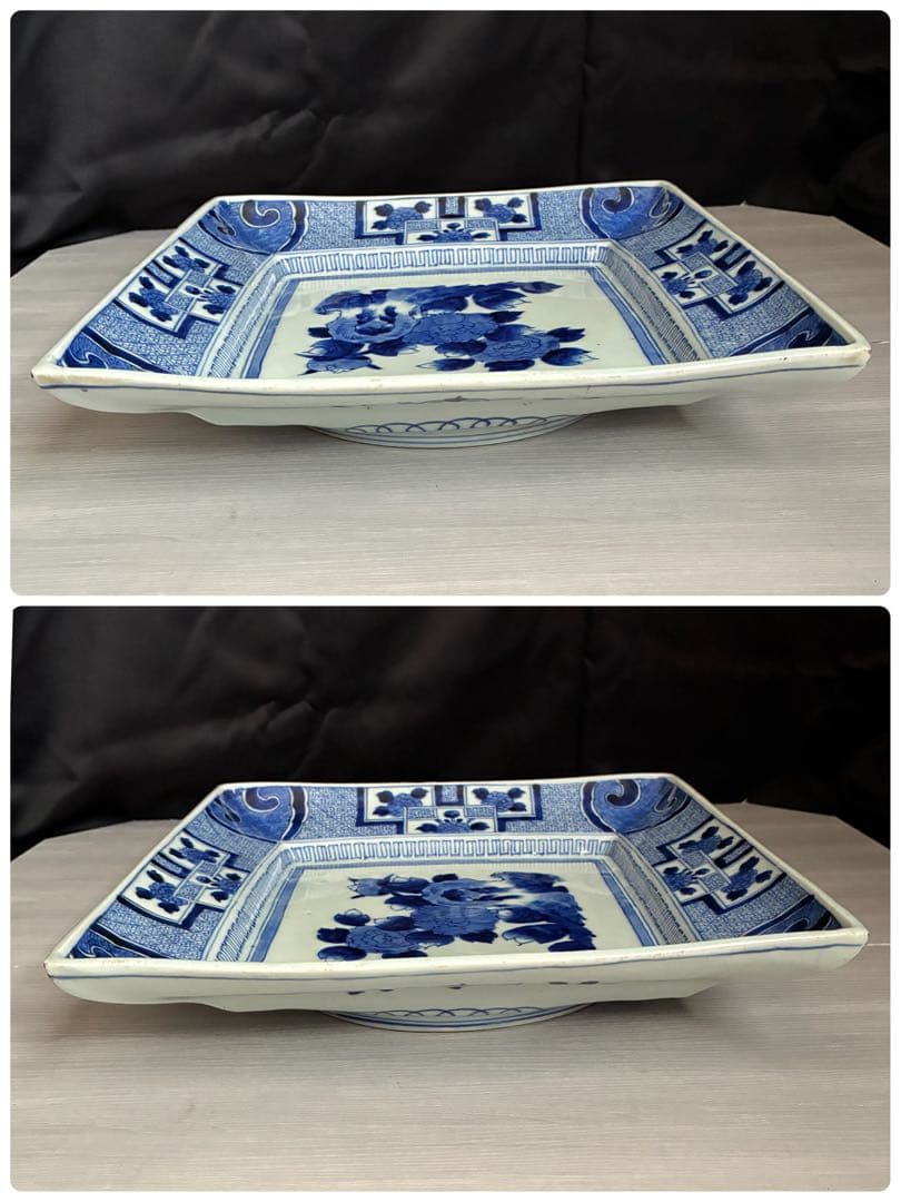 時代物 染付 牡丹文 角大皿 飾り皿 盛皿 骨董