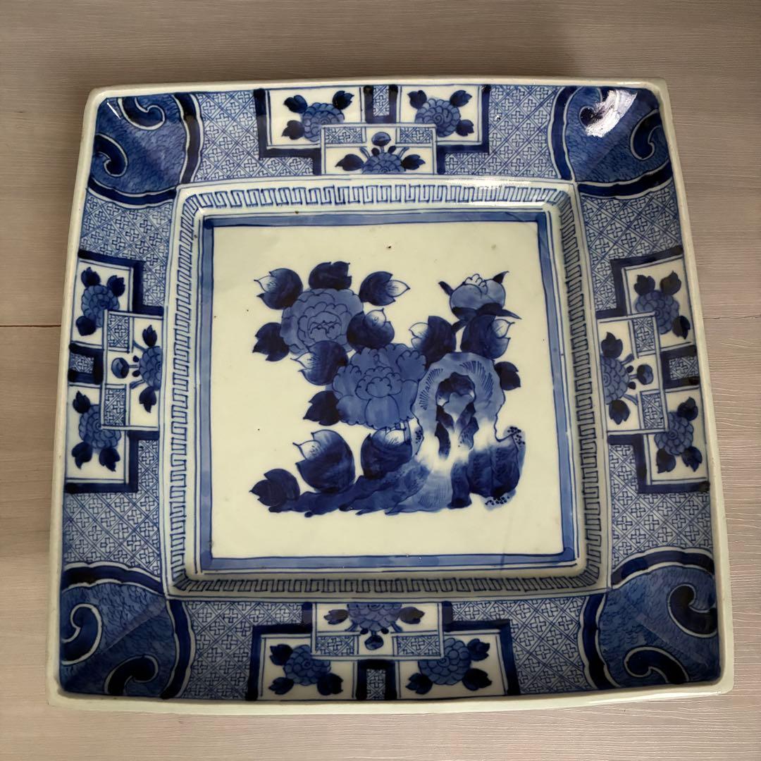 時代物 染付 牡丹文 角大皿 飾り皿 盛皿 骨董