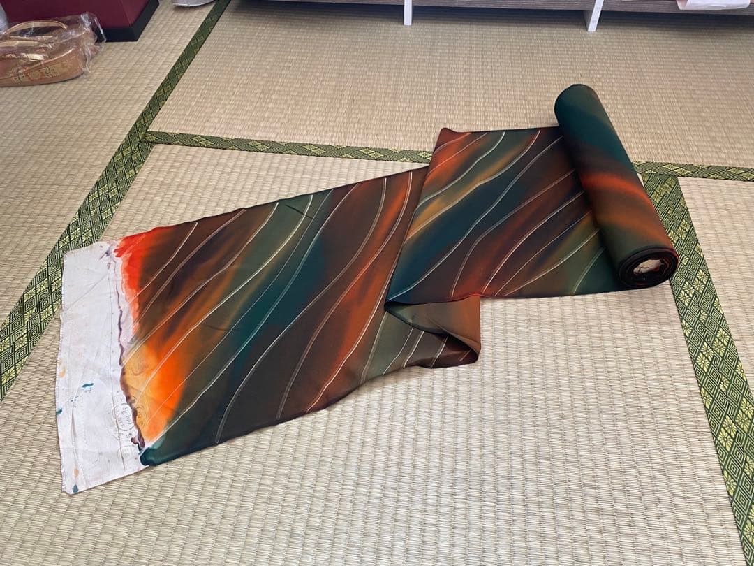 反物　丹後ちりめん　絹　正絹　茶　オレンジ　着物　未仕立て/i018