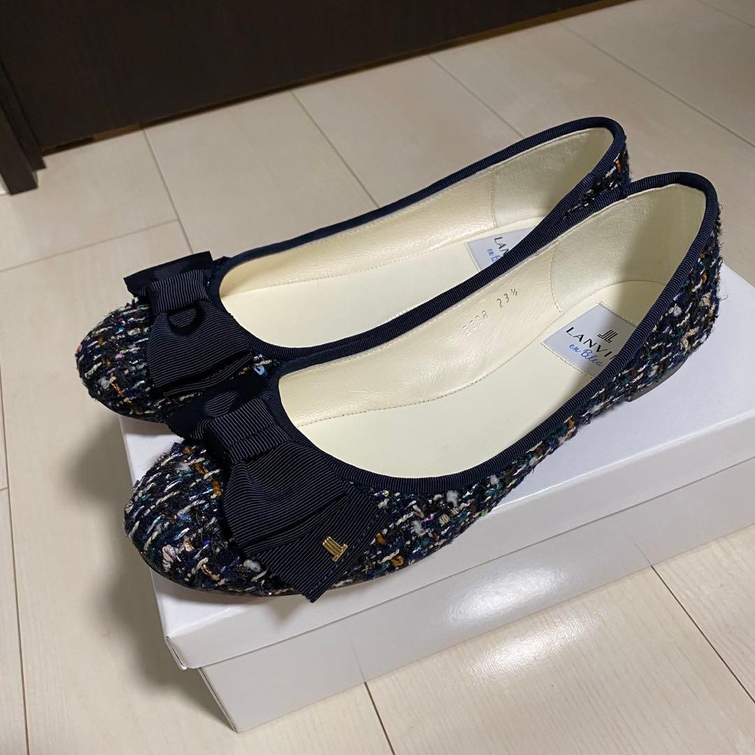 LANVINenBleuリボン付ツイードバレエシューズ23.5cm ネイビー