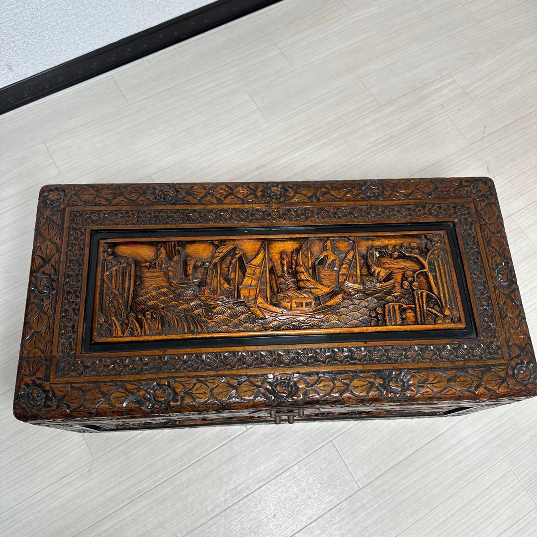 細密彫刻 豪華 木彫トランク アジアン家具 木箱 収納 箪笥 帆船彫刻 ※r2※