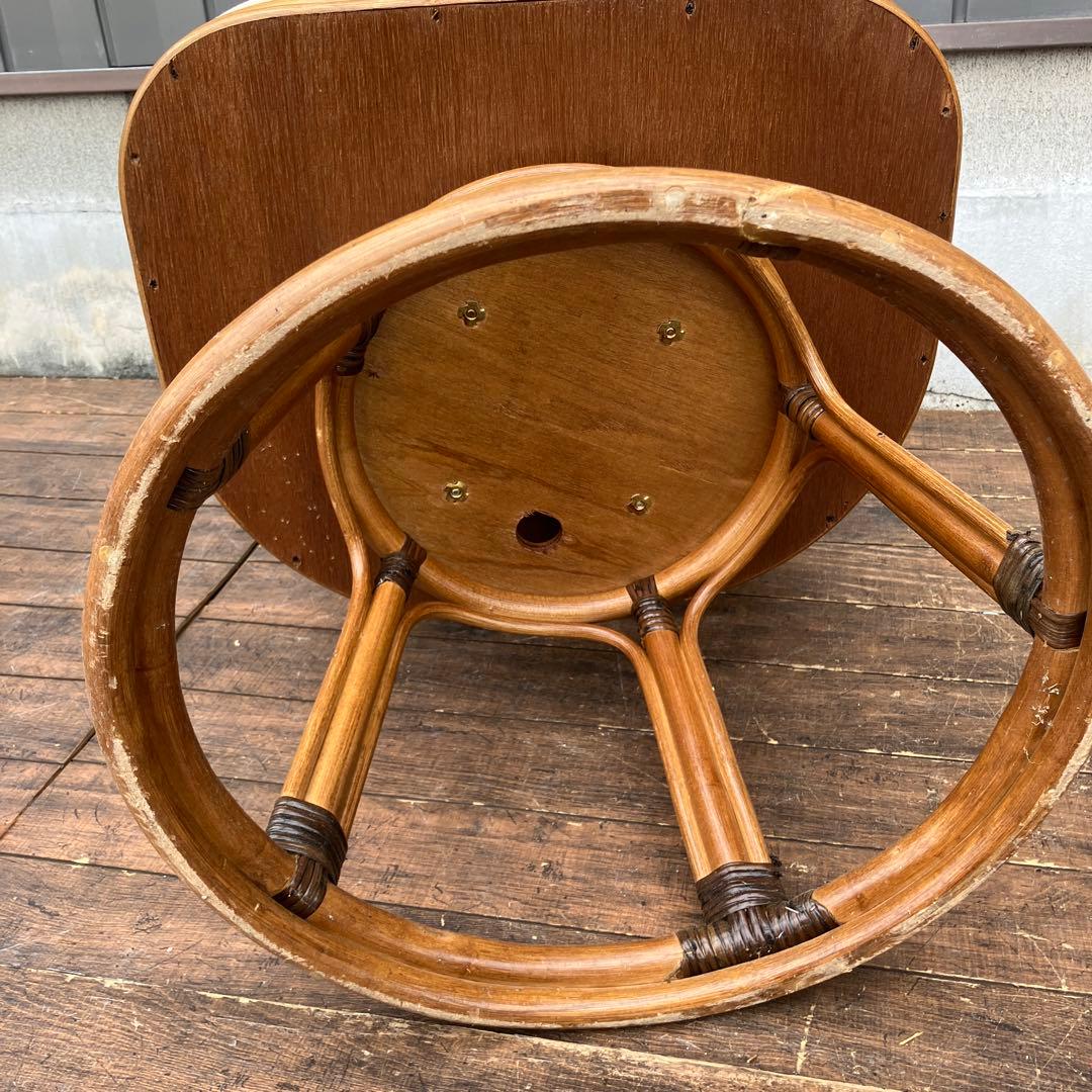 D-3 昭和レトロ 籐家具 ラタンチェア 回転椅子 イス クッション付き 古家具