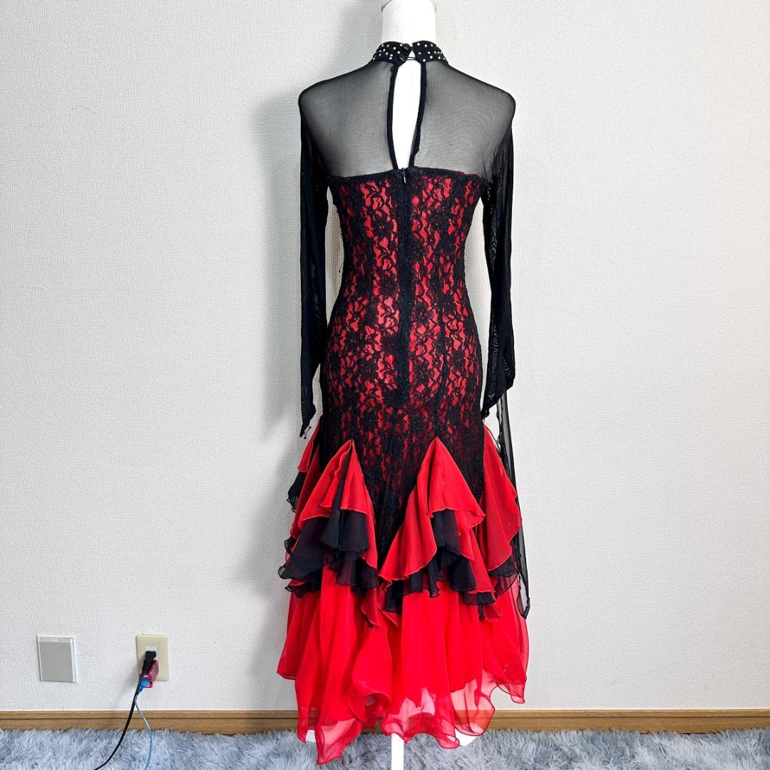 フラメンコ　ダンス衣装　ドレス　赤×黒　サイズ表記なし　HR2084