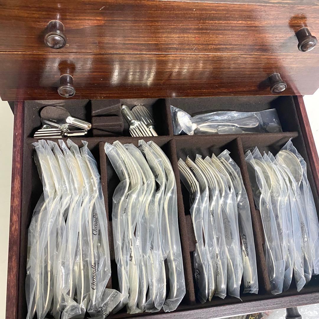 クリストフル 木製 4段収納チェスト 引き出し カトラリー セット 約90点