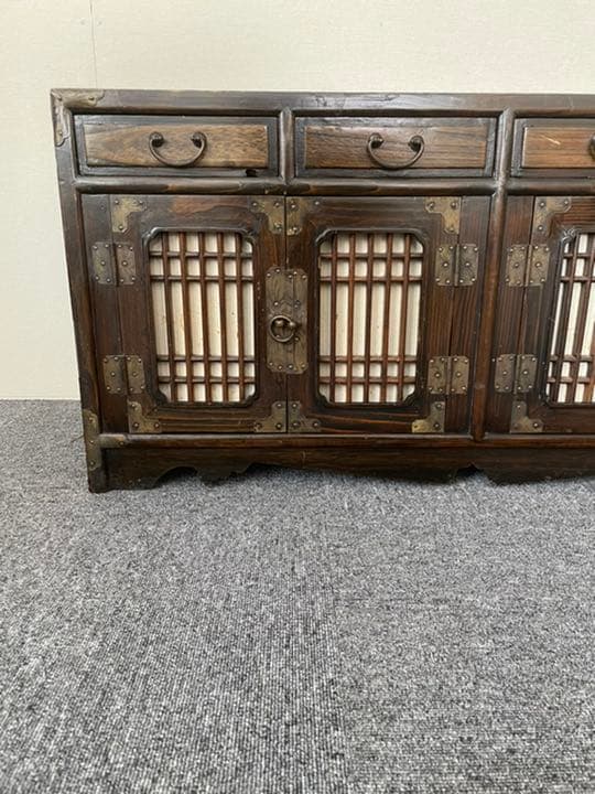 李朝箪笥 桐箪笥 キャビネット 2つの 観音扉 4つの 小引き出し 中古品