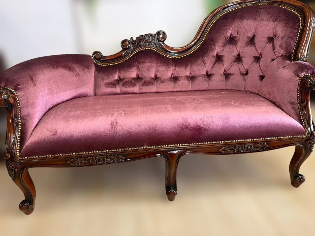 マホガニー　カウチソファ　シェーズロング　ピンク　ベルベット　ソファ　3人掛け