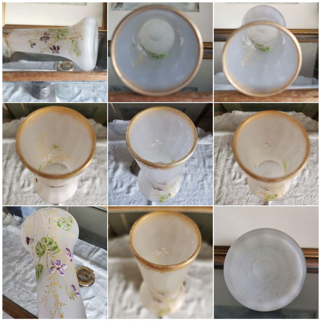 アンティークフランス ルグラ 手描き盛上げエナメル金彩 菫紋 ヴィオラガラス花瓶