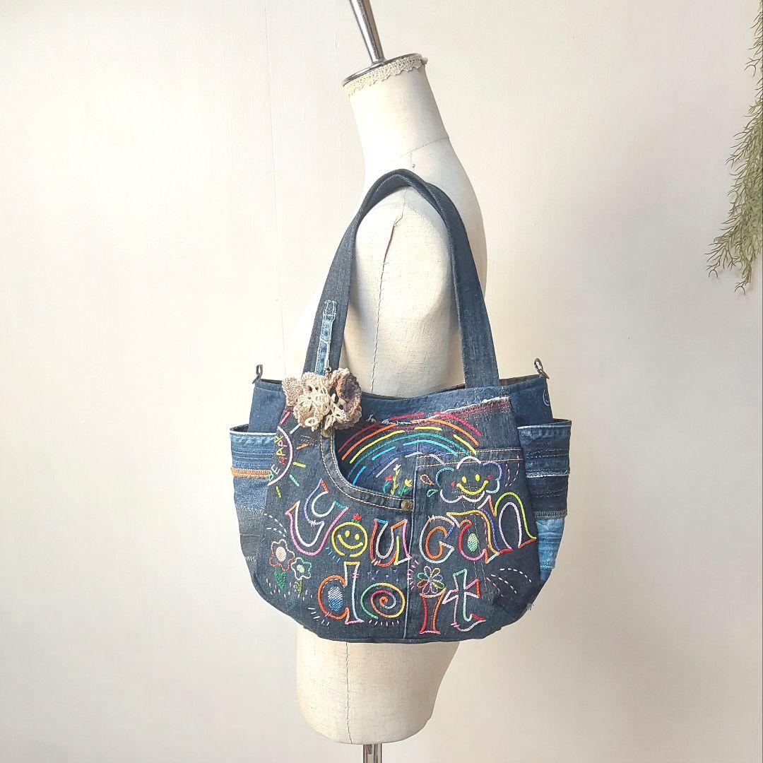 刺繍デニムバック　No.671　デニムリメイク　刺繍バック　サイドポケット