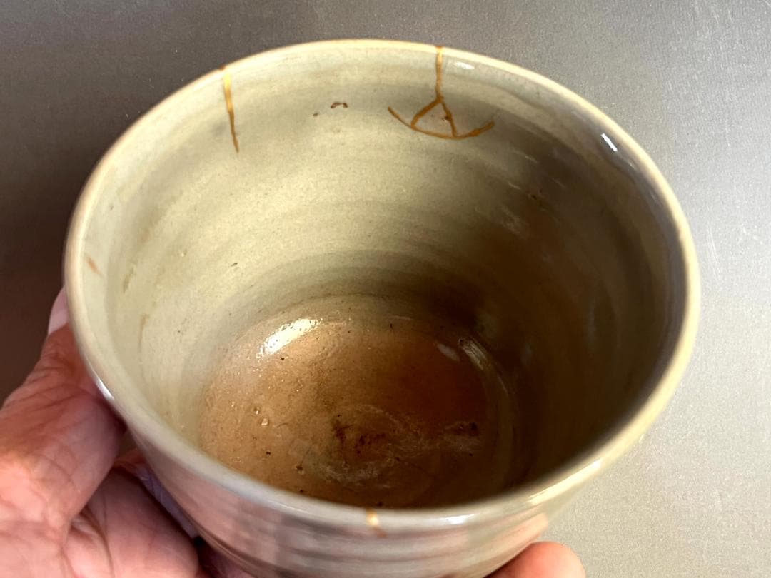 茶碗■古い筒茶碗 鶴 割高台 冬用 金継ぎ直し有 お茶道具 時代物 骨董品■