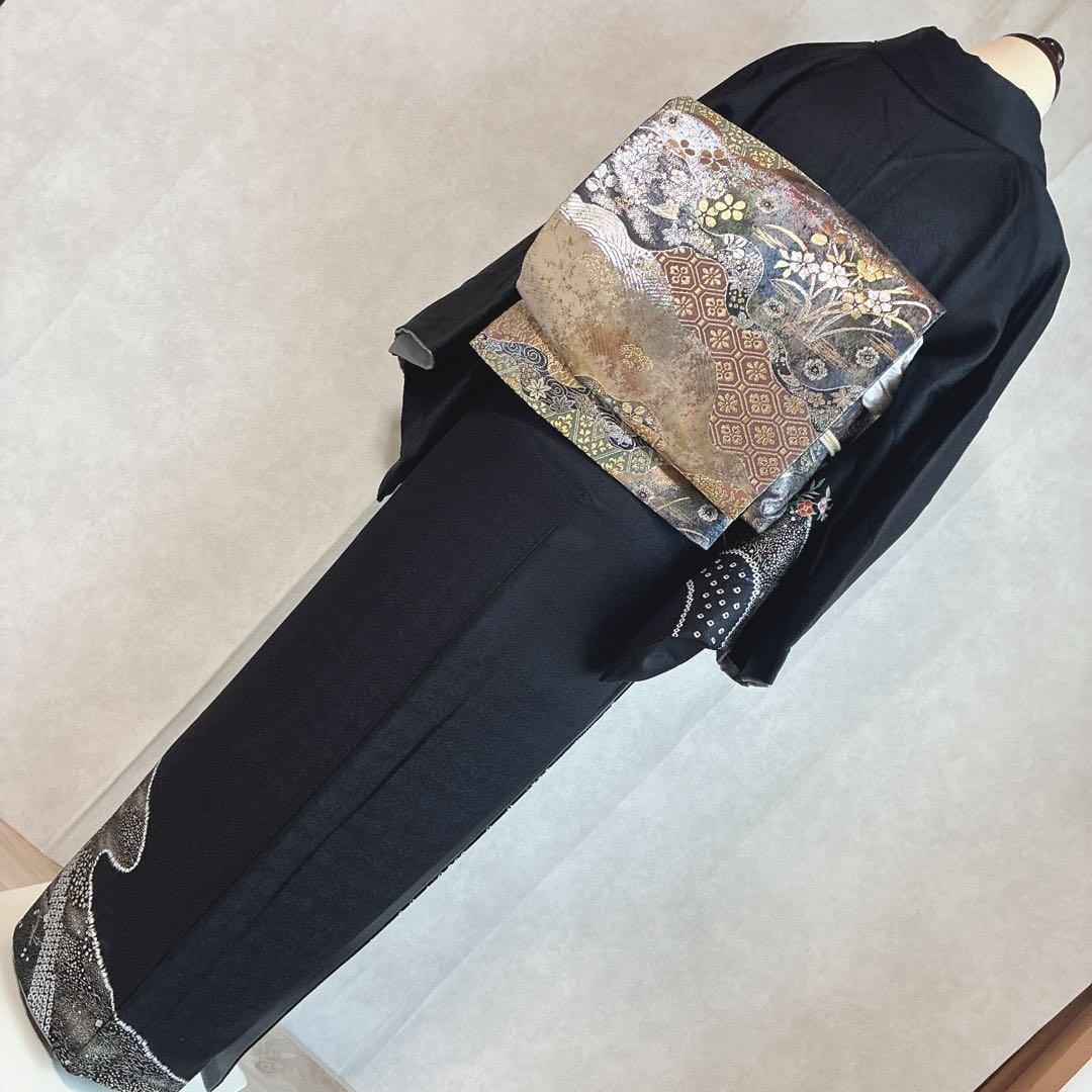 訪問着　フルセット　着物　正絹　黒　さが美　絞り　手刺繍　N1