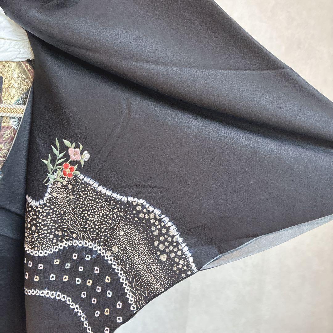 訪問着　フルセット　着物　正絹　黒　さが美　絞り　手刺繍　N1