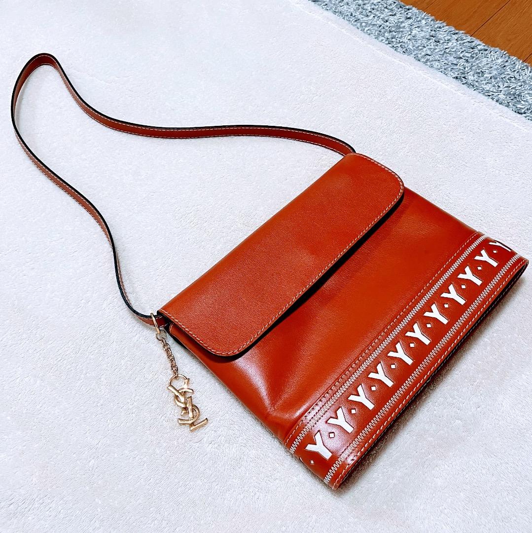 正規品 YSL イヴサンローラン ブラウン レザー ショルダーバッグ ビンテージ