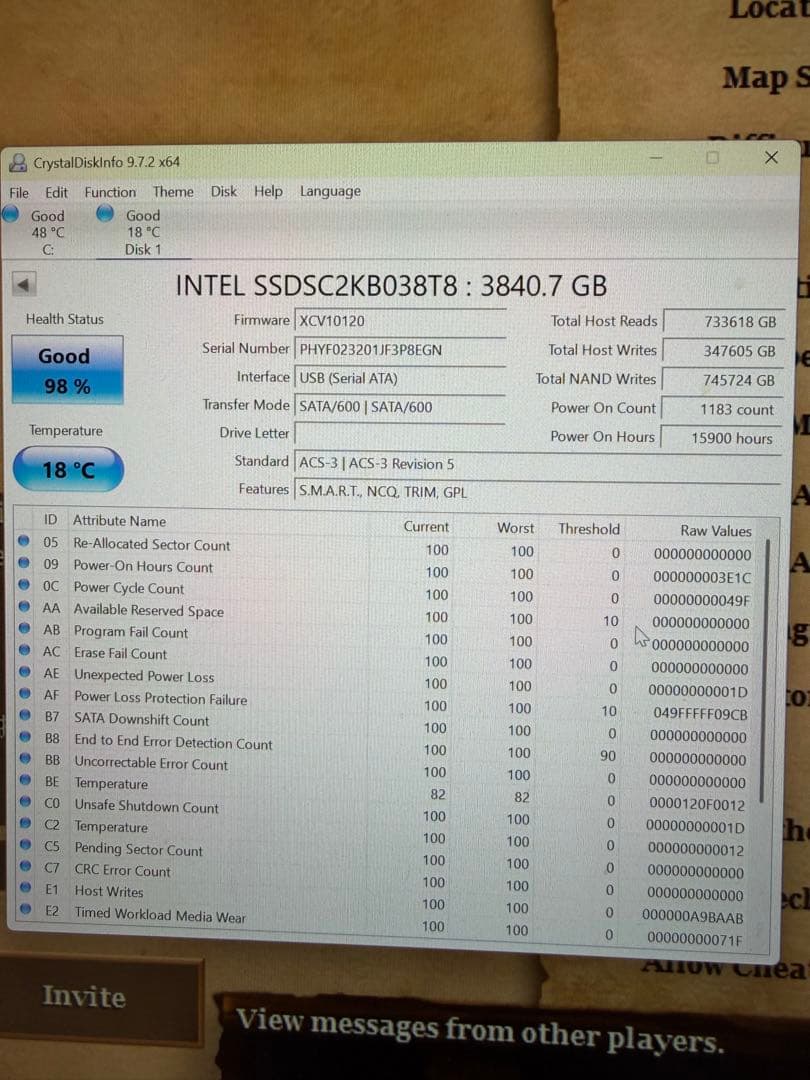 INTEL DC D3-S4510 3.84TB SATA SSD 中古