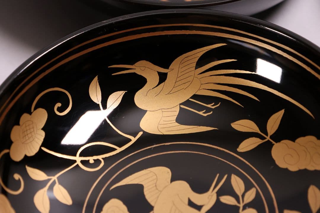 【MA723】木製漆器 長寛写 金蒔絵 黒塗木皿 二十客 吉祥鶴 菓子皿 小皿