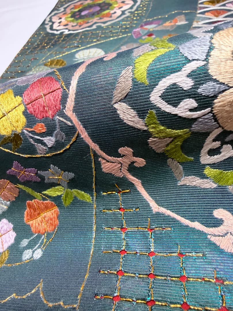 高級 袋帯 正絹 六通柄 汕頭刺繍 蘇州刺繍 メタリックブルー カラー芯