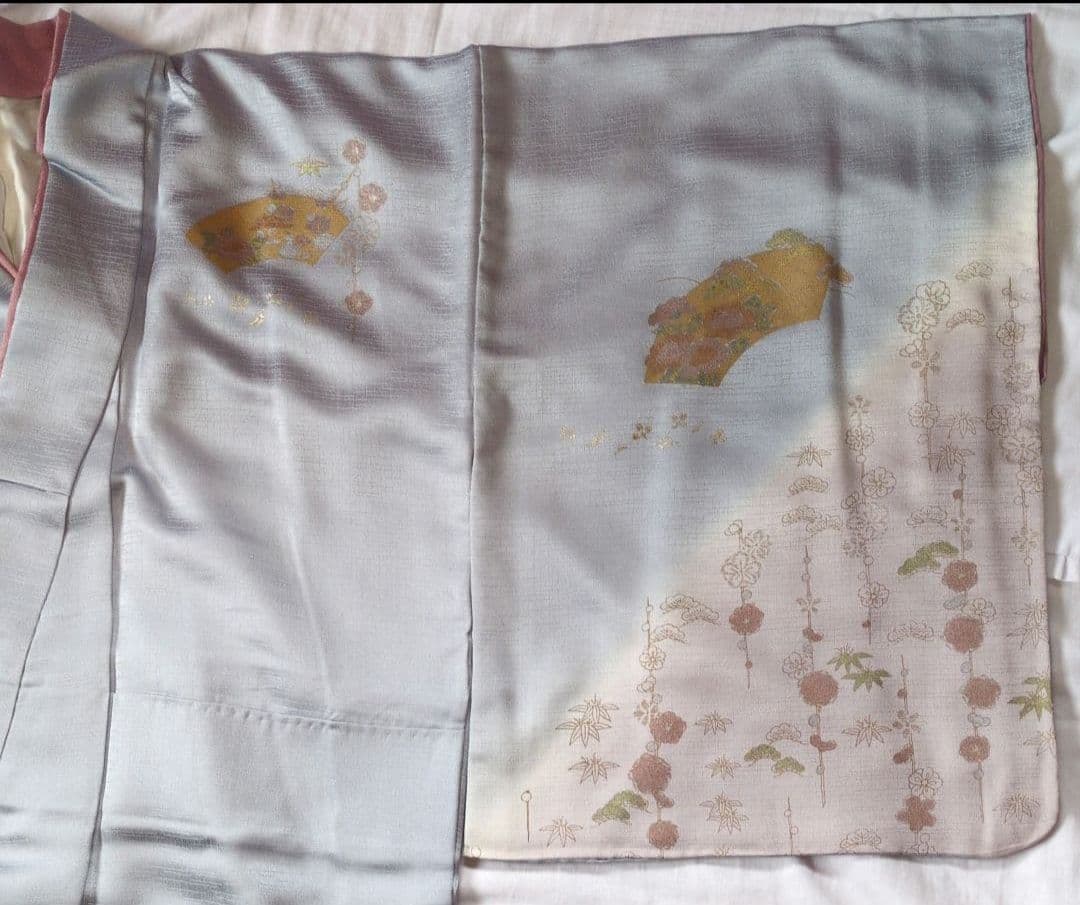 正絹　訪問着セット 薄青色　薄紫　ピンク 手刺繍　桔梗　 花柄 重ね衿付　帯付き