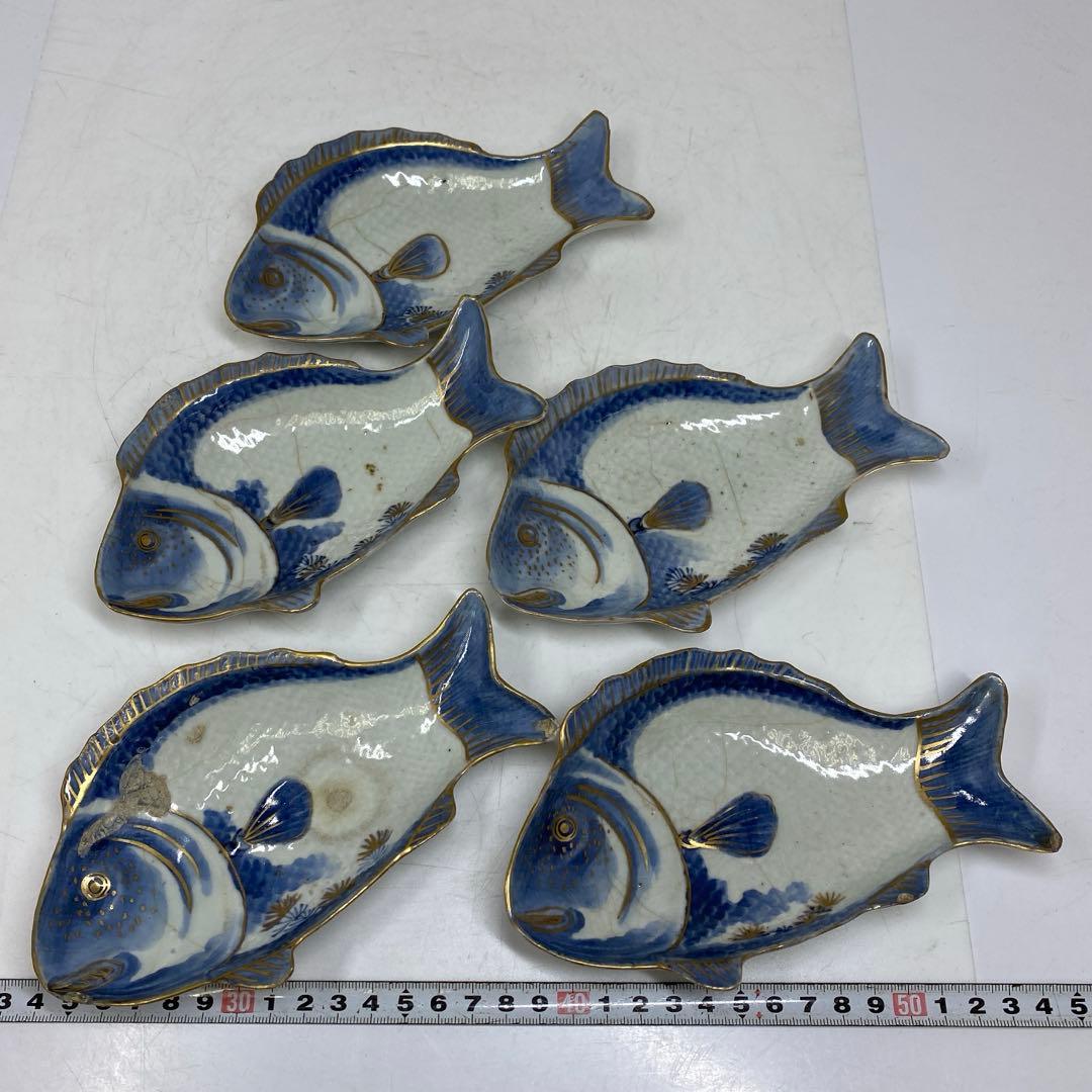 江戸中期　藍九谷　鯛の図皿　5客　トヒル　木箱付　東さ7-0809☆2F