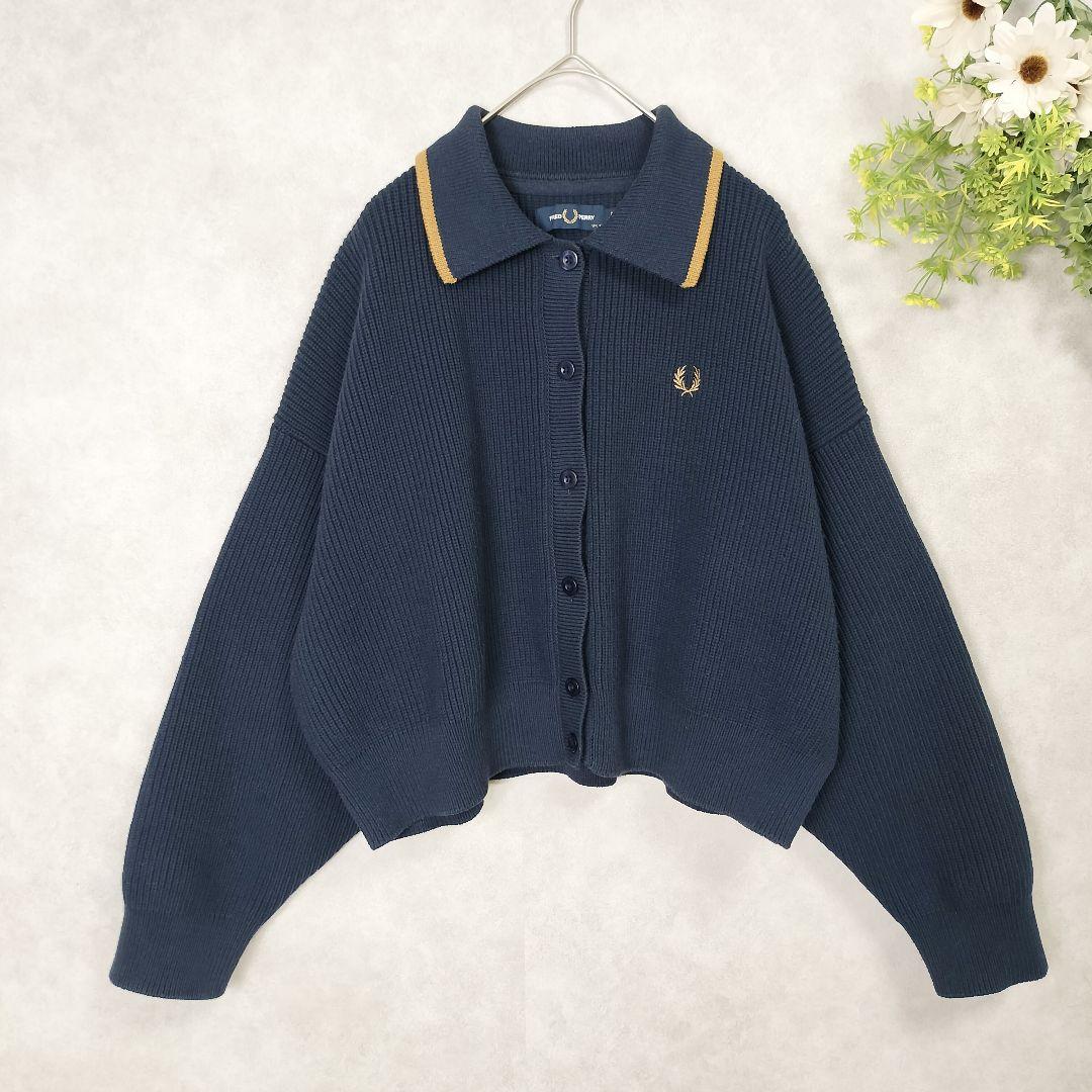 フレッドペリー レイビームス 別注 ネイビー チップドカラーカーディガン