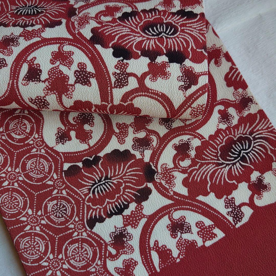 大人可愛い花唐草模様 草木手染めのちりめん開き名古屋帯