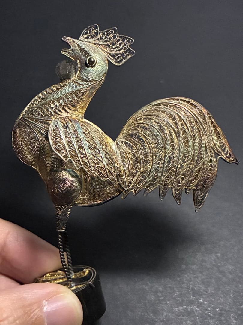 昭和期 純銀製 鶏置物｜繊細細工の逸品｜縁起物・オブジェ・銀工芸