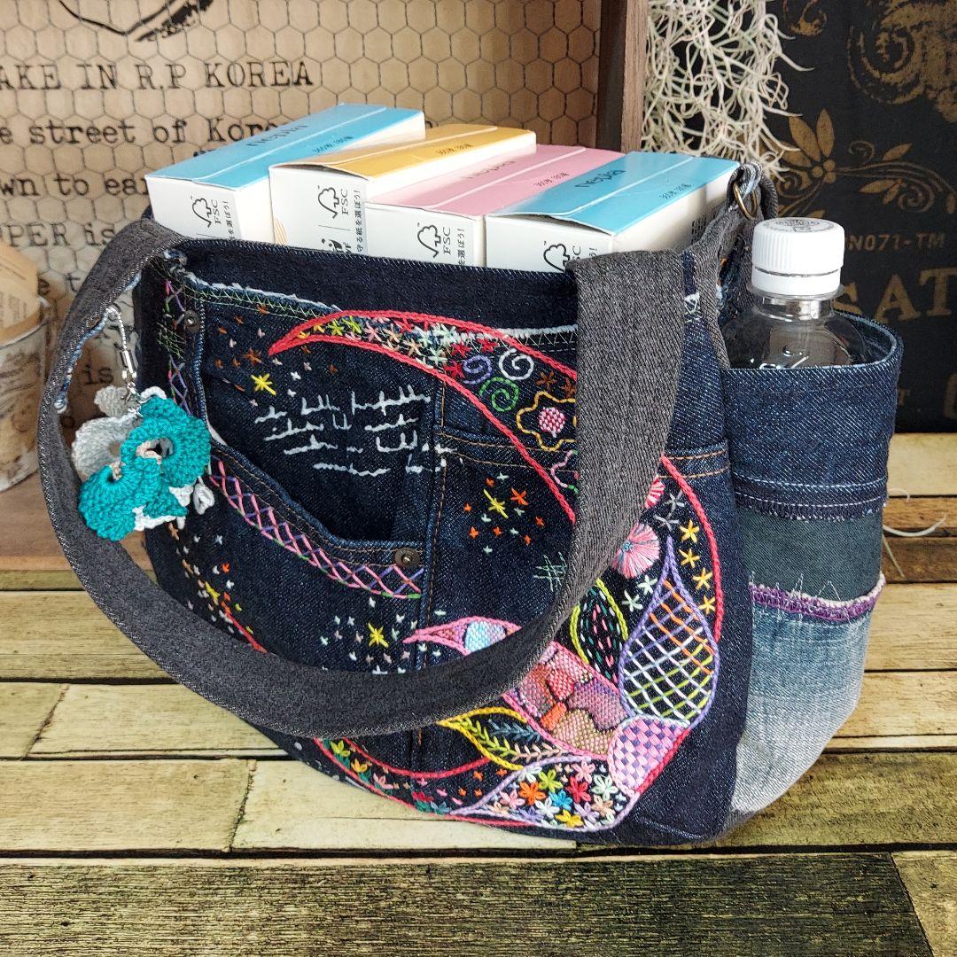 【蘭太郎】刺繍デニムバック　No.666　デニムリメイク　刺繍バック