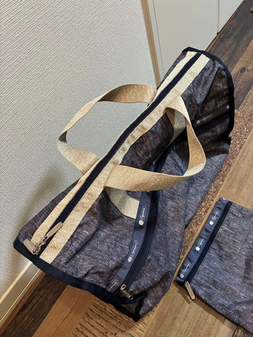 新品同　レスポートサック ボストンバッグ　デニムブルー×霜降りベージュ