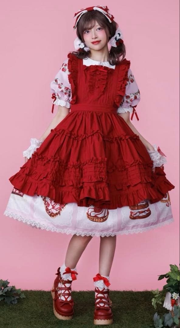 axes femme Chalmiereコットンフリルエプロン（赤）