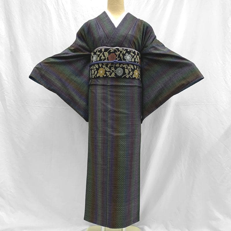 509mt59〇一元式 本場大島紬 7マルキ 縞 菱繋ぎ 紫 緑 水色〇美品