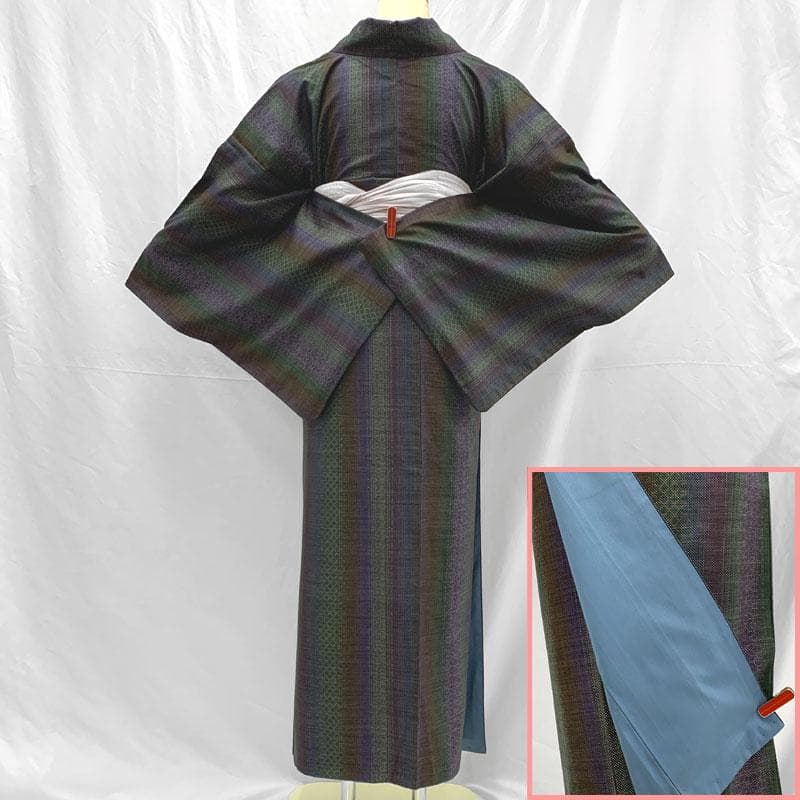 509mt59〇一元式 本場大島紬 7マルキ 縞 菱繋ぎ 紫 緑 水色〇美品