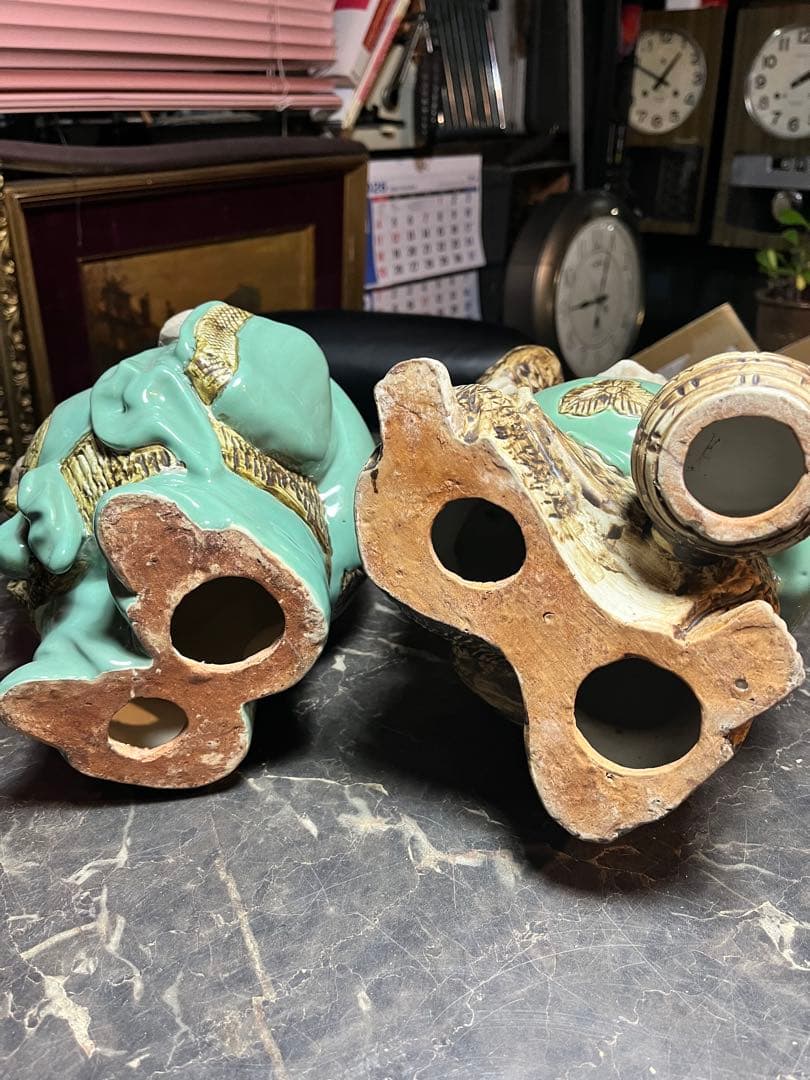 大黒天大黒様 恵比寿様、 明治時代の青磁 貴重な1対 七福神　 青磁 陶器製