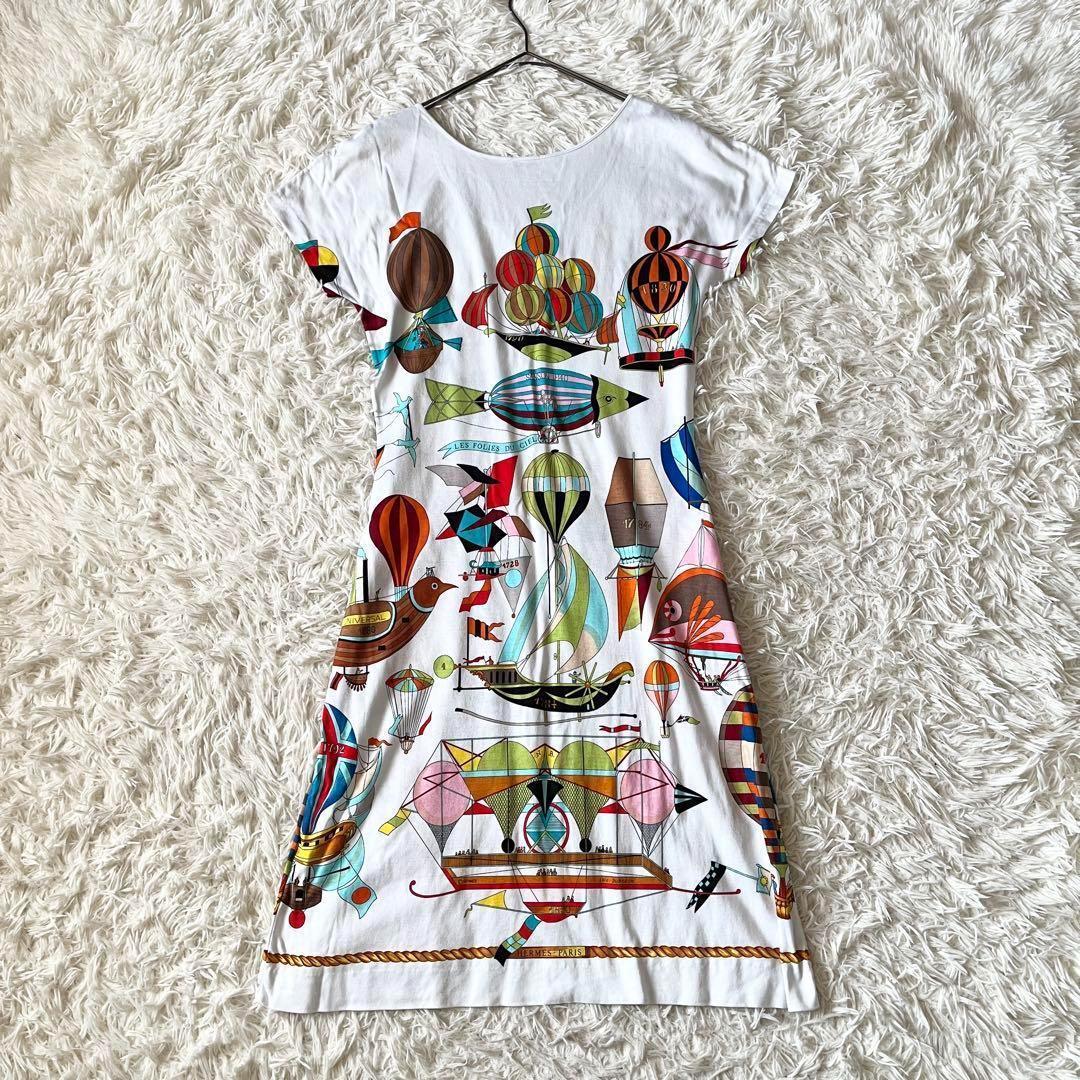 HERMES ワンピース　カラフル　バルーン　半袖　Lサイズ　ホワイト　白