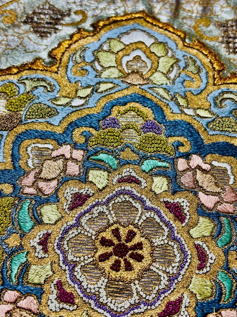 【美品】袋帯 蘇州刺繍 相良刺繍 宝相華 上品なローズゴールド光沢あり 柔らかめ