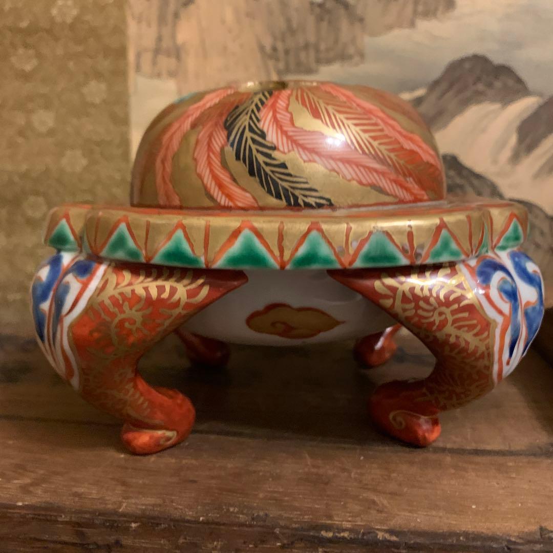 五彩双凤 四脚香炉 角福　珍品　箱付173