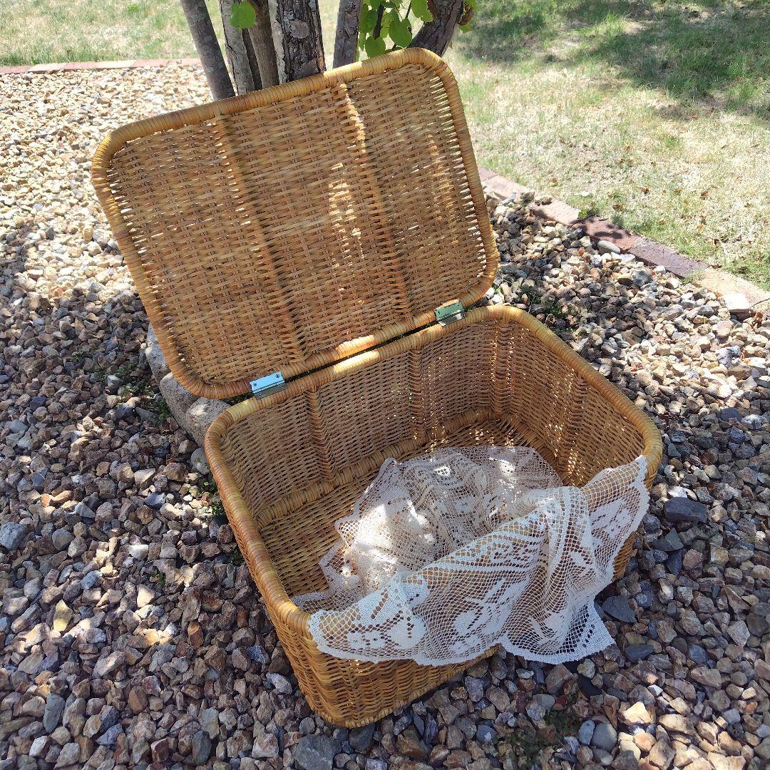昭和レトロ 蓋付き ラタン かご 収納 籠 アンティーク ランドリー バスケット