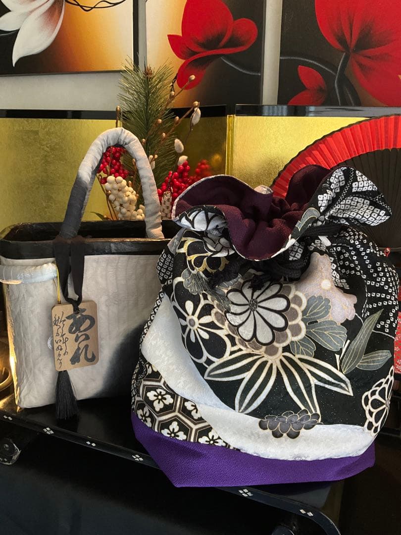 一閑張り　一閑張りバッグ　古文書　和紙　花絵柄　着物　京友禅　正絹　墨波紋様
