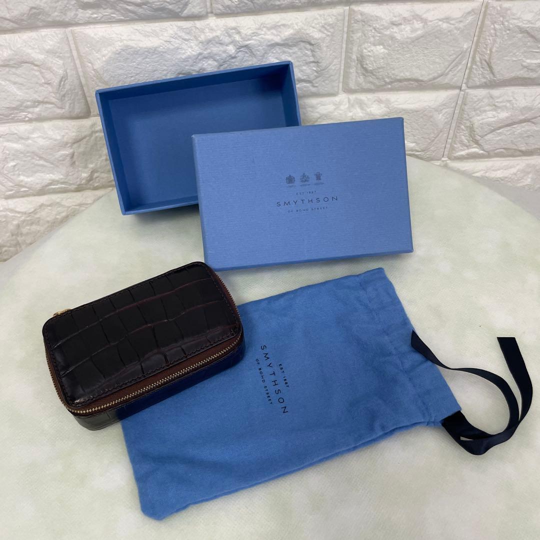 SMYTHSON/スマイソン、小物入れ、ジュエリーケース、型押し、ダークブラウン