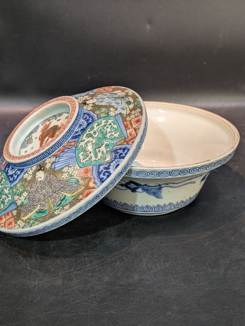 江戸時代 古伊万里 金襴手 歌仙図 大蓋物美品 鳳凰 大平鉢 食籠 金彩 献上手