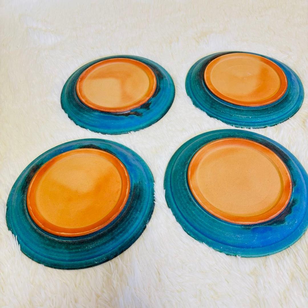 青い陶器プレート 4枚セット 未使用 食器 約23.8cm トルコブルー