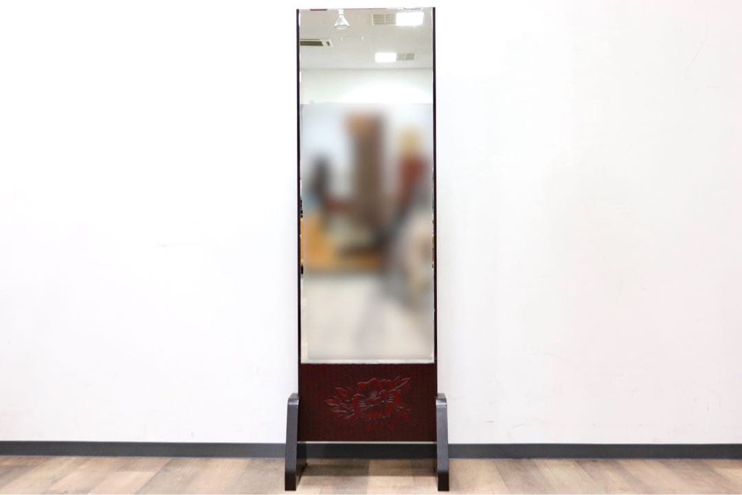 GMGF106○鎌倉彫 スタンドミラー 鏡 姿見 全身鏡 木製 彫刻 漆塗り 着